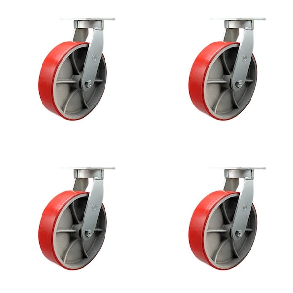 10'' Extra Heavy Duty Red Poly on Cast Iron Wheel Swivel Caster , 4PK